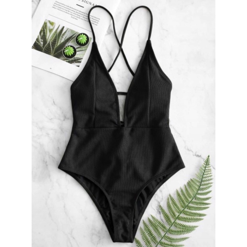 NWT Ribbed Black Lace Up One-Piece Swimsuit